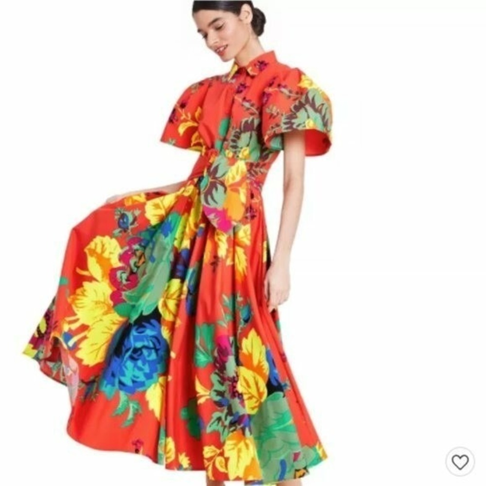 Target x Christopher John Rogers Red Floral Puff Sleeve Belted Midi Shirt Dress